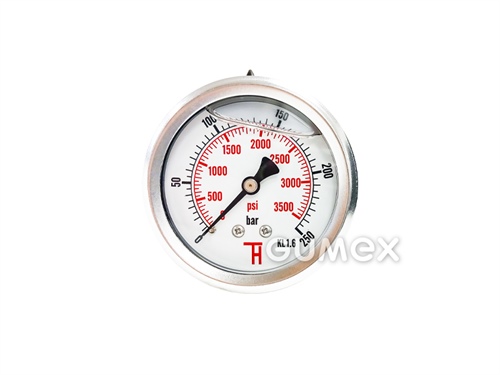 Manometer glycerínový so zadným vývodom, priemer 63mm, vonkajší závit G 1/4", 0-250bar, trieda presnosti 1,6%, priezor akryl, púzdro nerezová oceľ, -40°C/+60°C